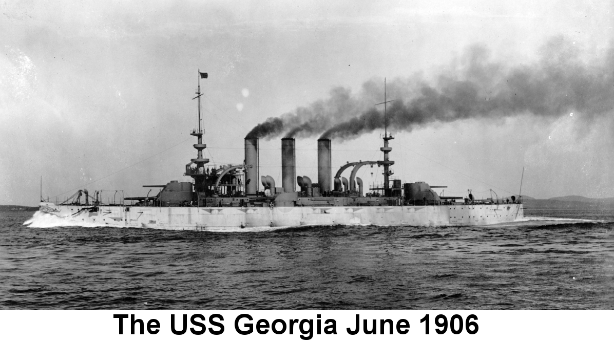 IMAGE/PHOTO: The USS Georgia June 1906: Black and white side-view photo of a World War I era US battleship with black smoke coming from each of its three stacks.